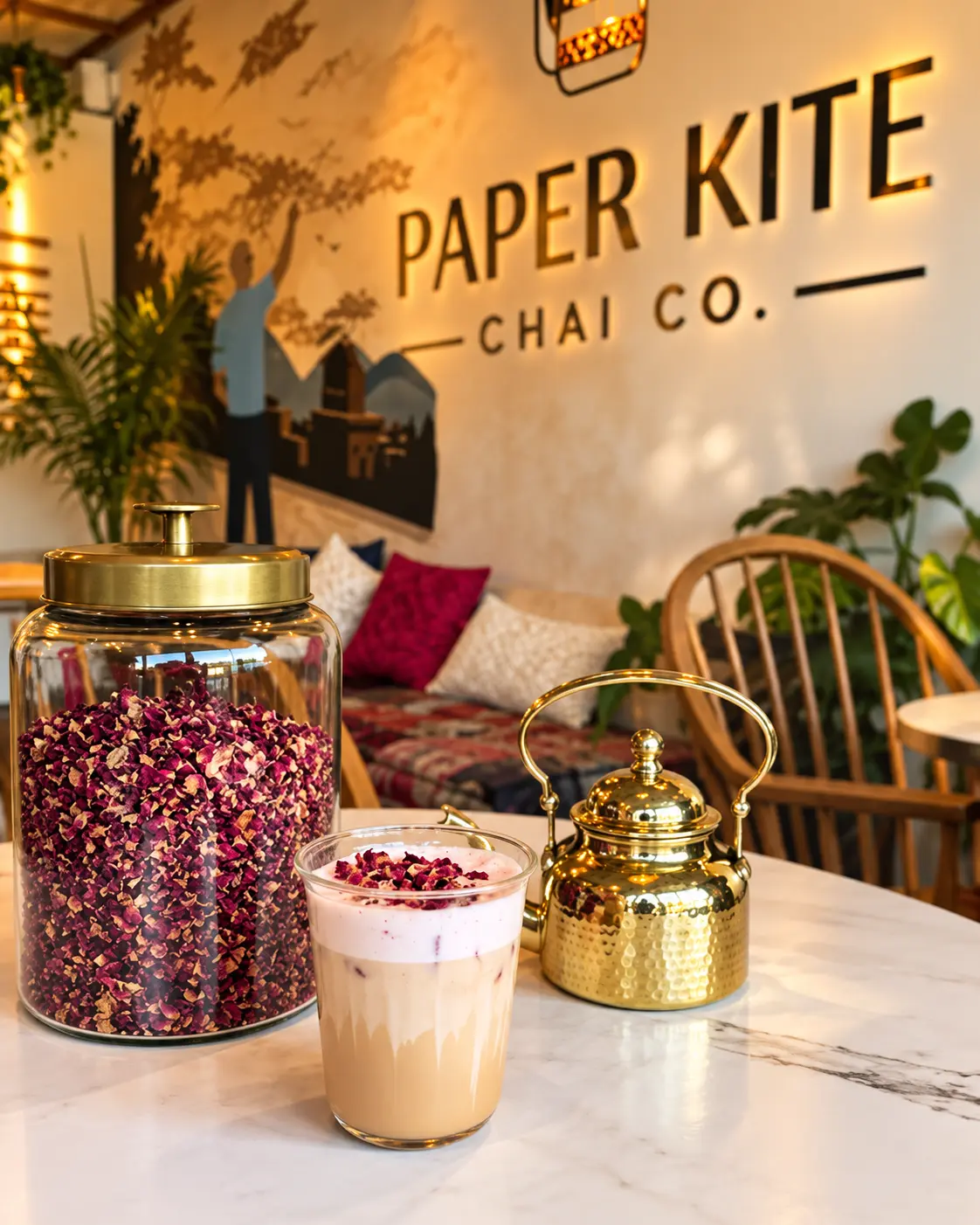 Rose chai beside a jar of dried rose petals and a brass teapot