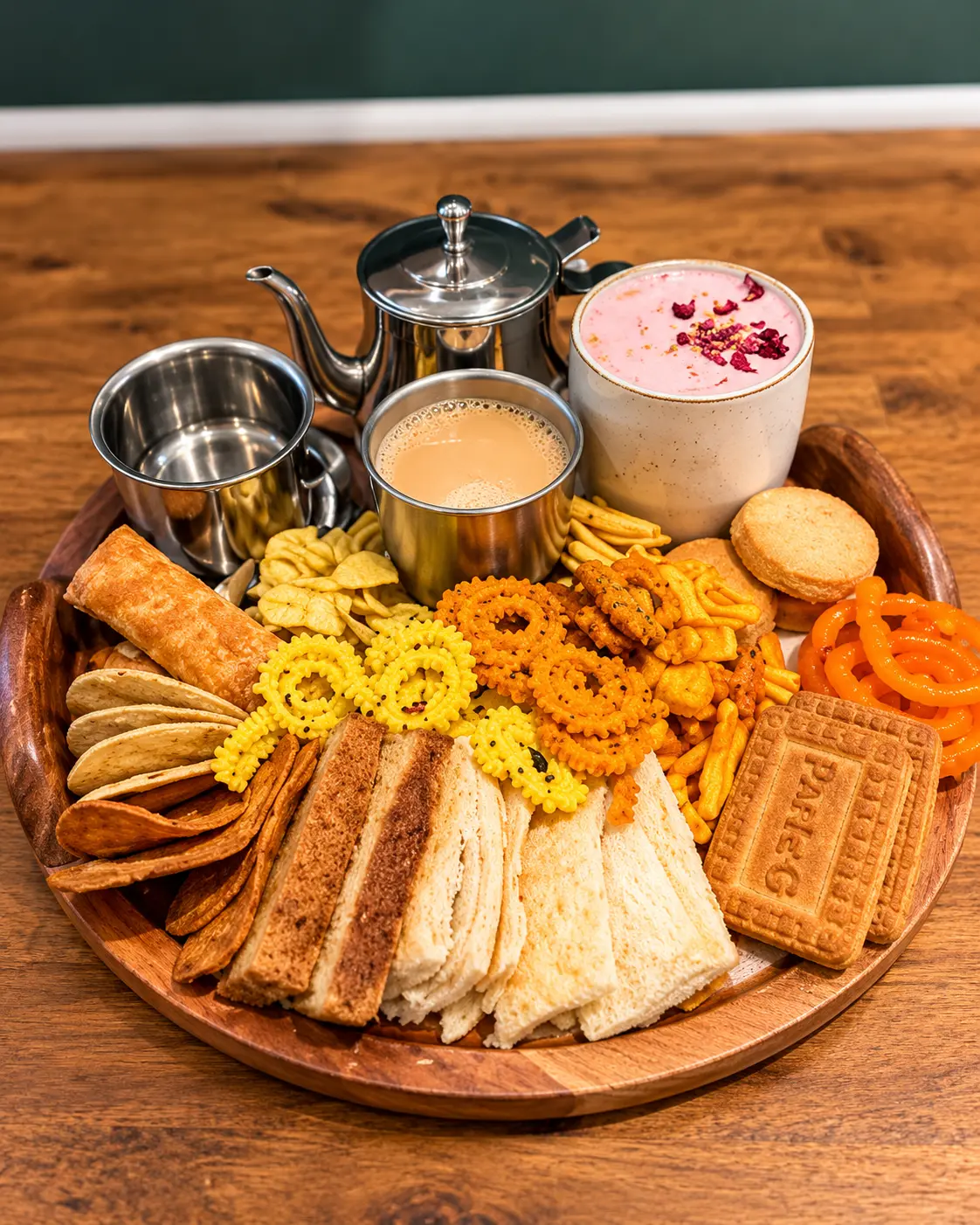 Indian snack board with chai and a steel tea service