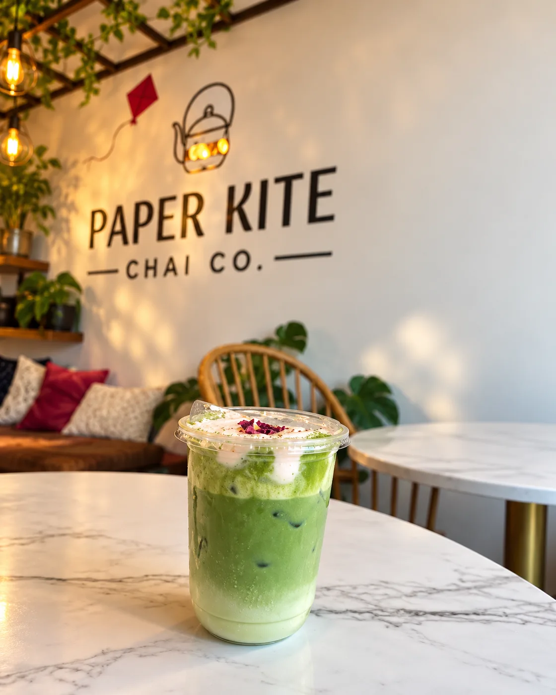 Iced matcha latte at the Paper Kite cafe
