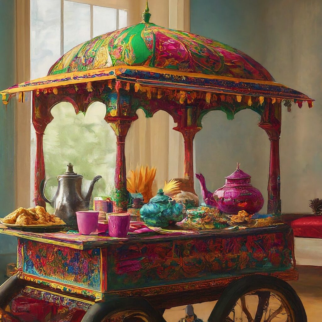 A colorful, intricately decorated Indian tea cart, laden with teapots, cups, snacks, and fresh ingredients, bathed in warm sunlight streaming through a window.