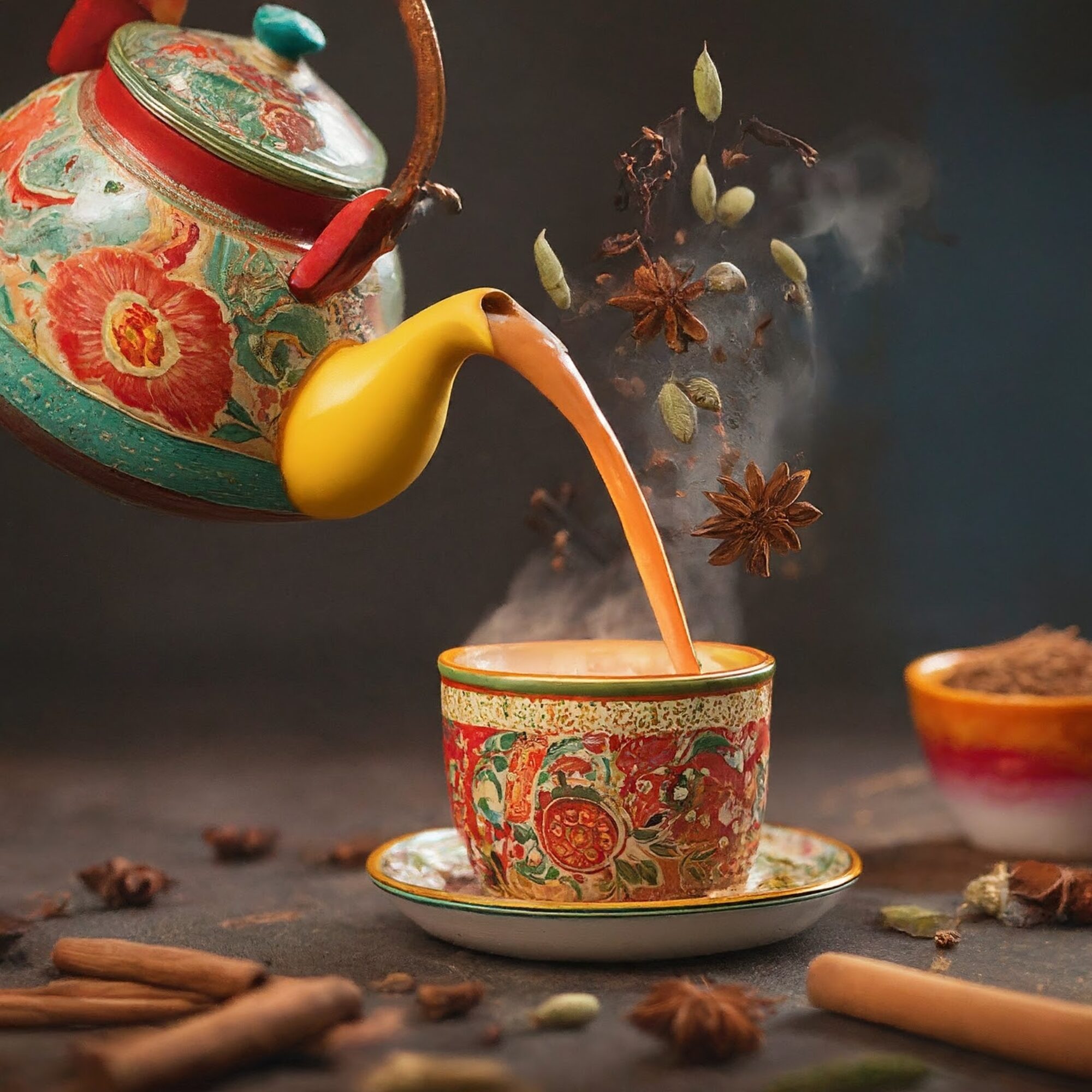 A close-up photo of a traditional Indian teapot, adorned with intricate paisley patterns, pouring steaming chai into a colorful ceramic cup decorated with floral motifs. The chai is a deep orange color, and spices (cardamom pods, cinnamon sticks, cloves, and star anise) swirl in mid-air, creating a vibrant explosion of color and texture against a warm, golden background.