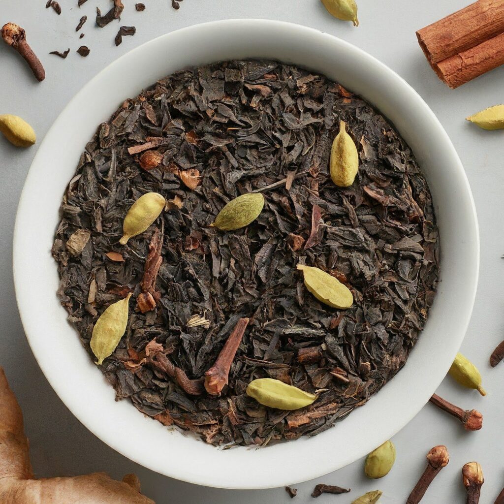 A close-up of black tea leaves, cinnamon sticks, and green cardamom pods arranged on a wooden surface, representing the core ingredients of traditional masala chai.